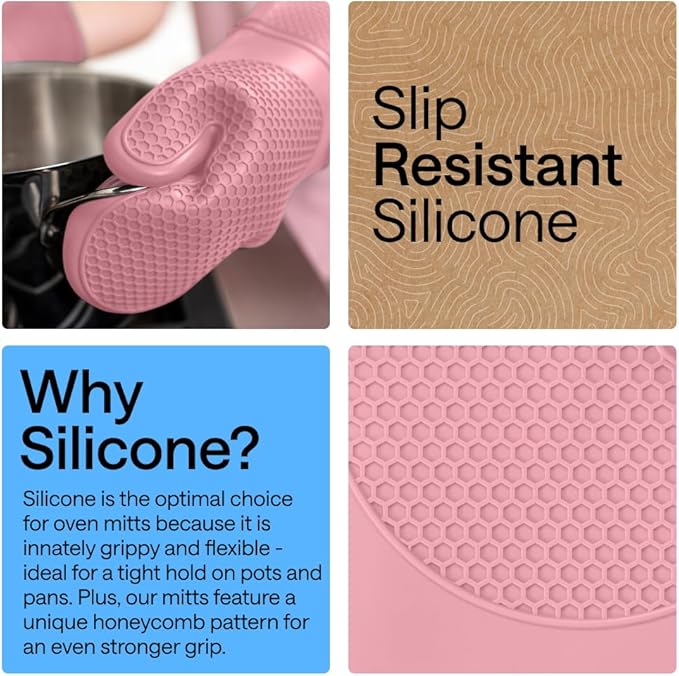 GORILLA GRIP BPA-Free Soft Silicone Oven Mitts, Heat Resistant and Waterproof Cooking Gloves, Thick Cotton Lining, Flexible Gripping for Baking Grilling, Kitchen Potholders Set of 2, 12.5x8.3, Pink