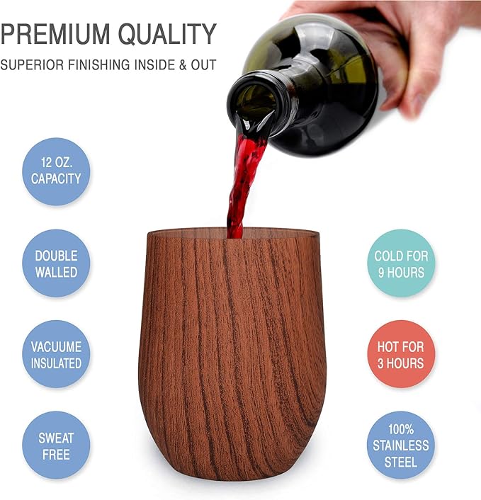 CHILLOUT LIFE 12 oz Stainless Steel Wine Tumbler with Lid - Double Wall Vacuum Insulated Wine Cup Glass Keeping Cold & Hot for Coffee, Champagne, Cocktails, Ice Cream - Wood