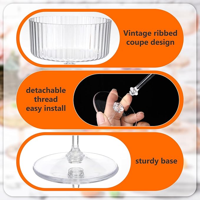 48 Pcs Ribbed Martini Glasses 10 oz Disposable Plastic Vintage Ribbed Coupe Glasses Unbreakable Dessert Parfait Glassware for Wedding Birthday Party Supplies (Clear)