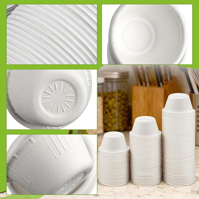 LeonBach 100 Pack Natural Bagasse Fiber Bowls 2oz Disposable Paper Cups Microwavable Safe Sample Snack Charcuterie Serving Cups Disposable Ramekins for Sauce Portion Condiment Ice Cream, White