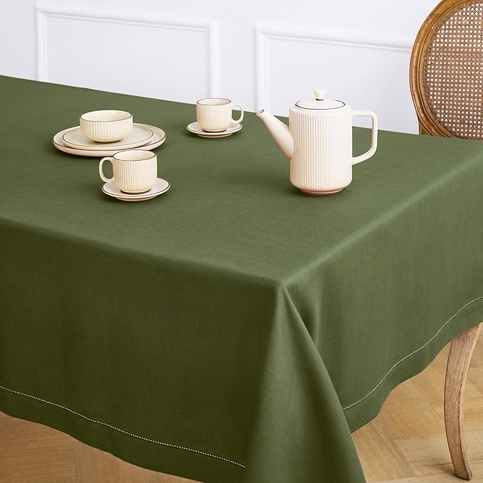 Solino Home Olive Linen Tablecloth 60 x 90 Inch - 100% Pure Linen Hemstitch Table Cloth for Rectangle Tables - Classic Hemstitch, Machine Washable Tablecloth for St Patricks Day