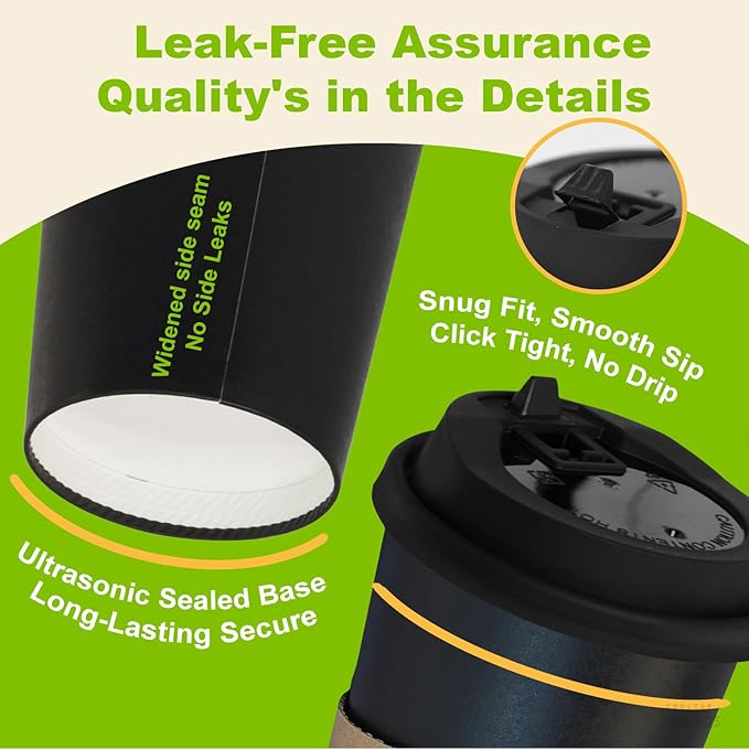 100 Pack 16 oz Disposable Coffee Cups with Lids and Sleeves, To Go Coffee Cups with Lids, Leak-Proof Hot Coffee Cups, PLA Black Paper Coffee Cups for Hot Beverage