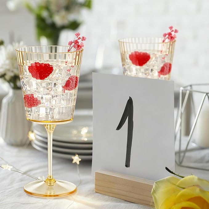 12 PCS Gold Ribbed Plastic Wine Glasses 13.5 OZ Ribbed Wine Glasses Detachable Wine Glass Elegant Fluted Glassware Vintage Style for Wedding Anniversary Birthday Dinner Parties