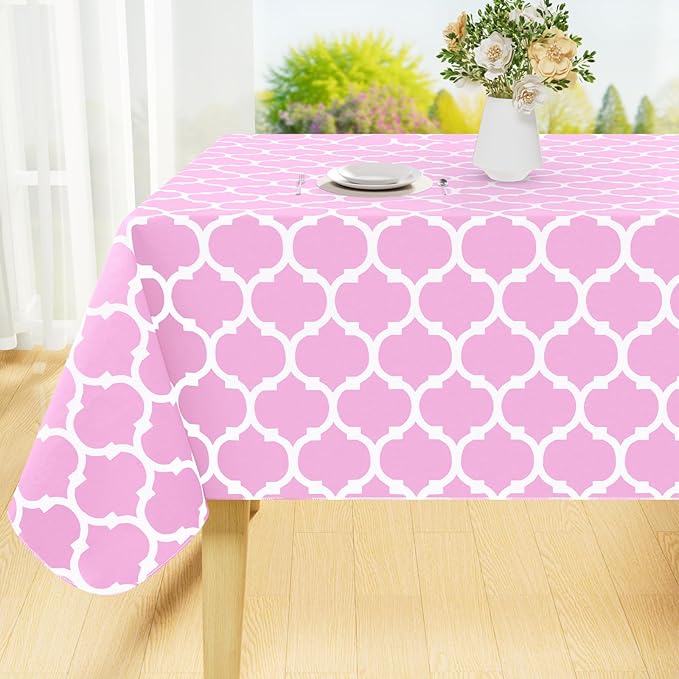 Smiry Rectangle Table Cloth, Waterproof Vinyl Tablecloth with Flannel Backing for Rectangle Tables, Wipeable Spillproof Plastic Tablecloths for Dining, Camping, Indoor and Outdoor, (54"x78", Pink)