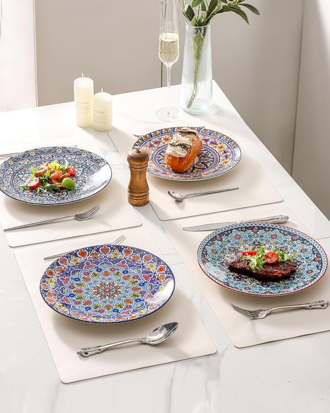 HASENSE Dinner Plate Set of 4, 10.5 Inch Porcelain Plates for Kitchen, Large Salad Plates for Steak, Dishes Set for Restaurant, Microwave, Oven & Dishwasher Safe for Christmas Gift, Bohemian