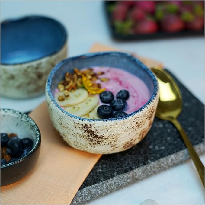 RoRo Handmade 4.5-Inch Rustic Coral Ceramic Miso Bowls – Set of 2, Hand-Glazed Blue Interior with Textured Finished, Microwave & Dishwasher Safe