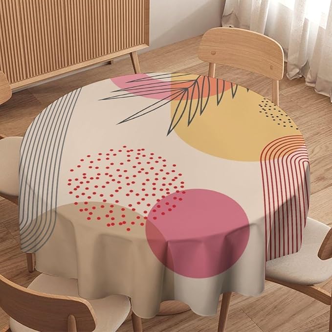 Mid Century Boho Round Tablecloth, Abstract Modern Sun Arch Curve Leaves Geometric Print Tablecloth for Home Party Dining Room Kitchen Decor 50Inch(127cm)