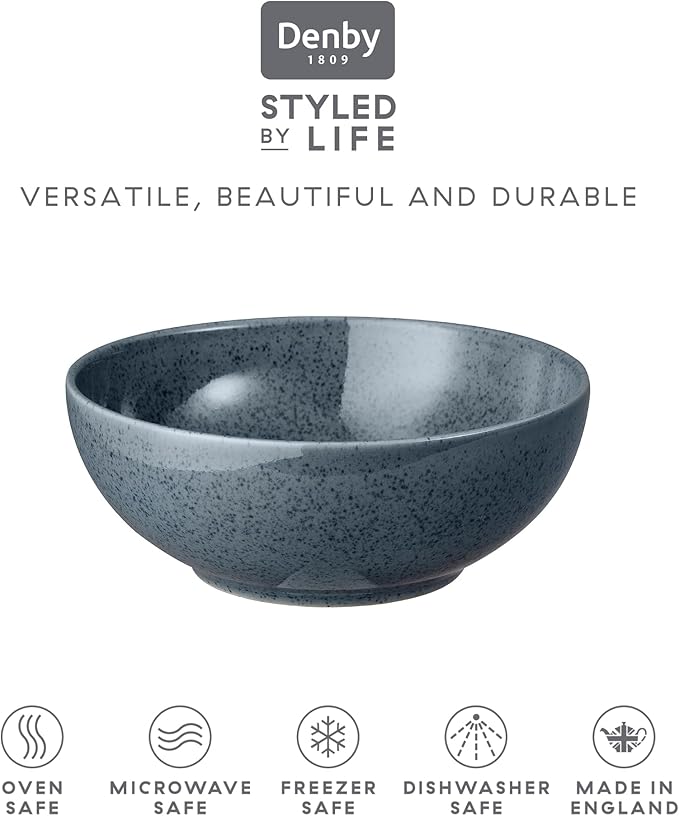 Denby - Dark Gray Speckle Cereal Bowls Set of 6-27.7oz Dishwasher, Microwave Safe - Scratch Chip Resistant - Reactive Gray Glaze, Ceramic Stoneware - Tableware for Oats, Cereal, Desserts