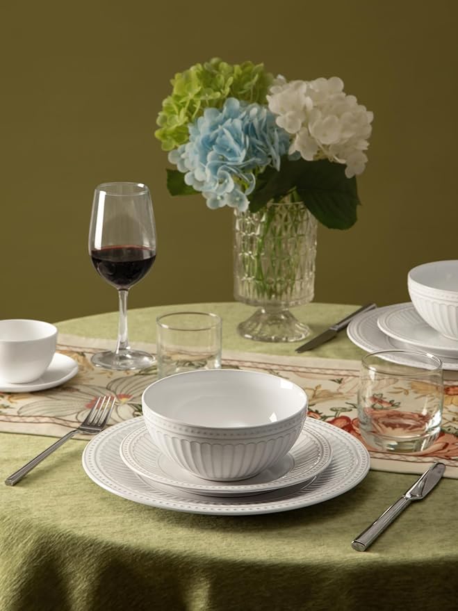 Famiware Garden Plates and Bowls Set, 12-Piece Dishes Set for 4, Scratch Resistant Kitchen Dishes Dinnerware Set - Microwave and Dishwasher Safe, Reactive Glaze and Embossed Stoneware, White