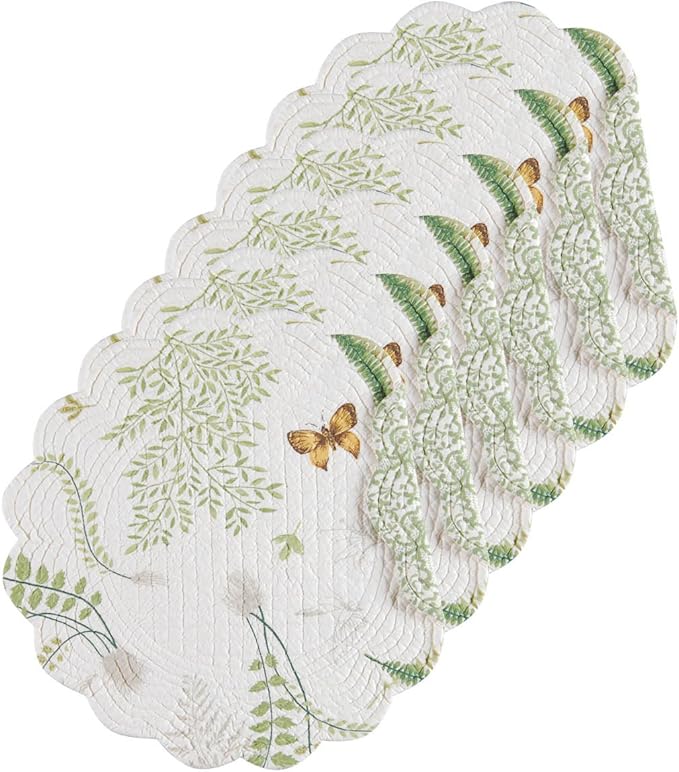C&F Home 17" Althea Round Scalloped Edge Cotton Quilted Placemats, Set of 6 Spring Springtime Butterfly Dragonfly Plants Fern Greenery Nature Tabletop Décor Decoration S/6 Round Placemat Set of 6
