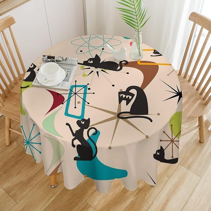 Mid Century Black Cat Round Tablecloth, Bohemian Modern Colorful Abstract Geometric Retro Art Bohemian Tablecloth for Home Party Dining Room Kitchen Decor 50Inch(127cm)
