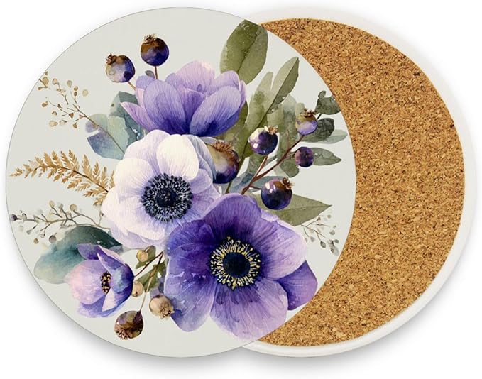 Coasters for Drinks Coaster Drink Set Decorative Coffee Table Desk Cup Mat Spring Cute Cork Bar Backing Round Home Decor Purple Silver Lotus with Branches and Berries20