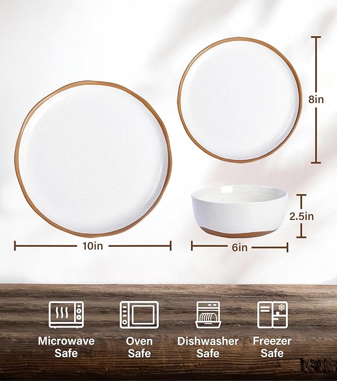 Lareina Plates and Bowls Set, 12 Pieces Farmhouse Ceramic Dinnerware Sets, Scratch Resistance, Dishwasher Microwave Safe, Vanilla White