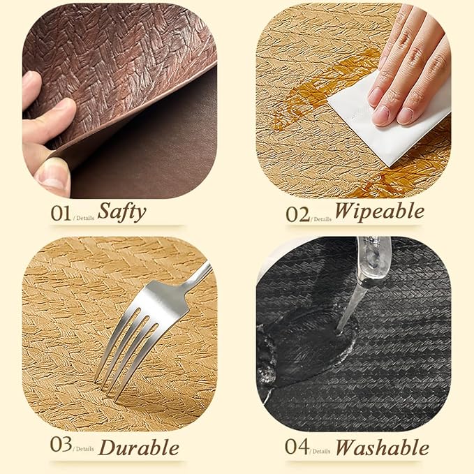 PIGCHCY Waterproof PVC Place Mats Set of 6, Non-Slip Faux Leather Placemats Rattan Pattern Surface Table Mats for Wedding/Birthday Party/Kitchen (18"x12", Golden Beige)