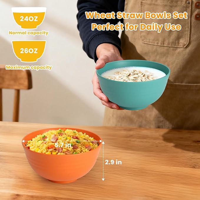 Homienly Wheat Starw Cereal Bowls, Unbreakable Bowl Set 6 PCS, Microwave and Dishwasher Safe Bowls, Alternative to Plastic Bowl Reusable, Bowl Set for Kitchen, Picnic, Camping, Party (26 OZ, Colorful)