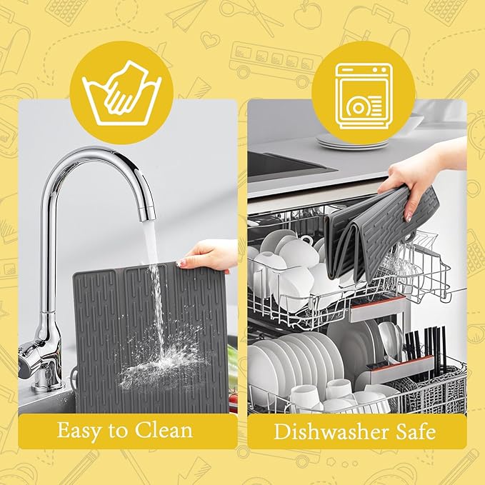Klyrnd Silicone Dish Drying Mat - Extral Large 20.8" x 15.7" - Heat Resistant Silicone Trivet, Countertop Mat, Dish Draining Mat, Sink Mat, Easy to Clean Foldable Non Slip Dry Pad (Gray)