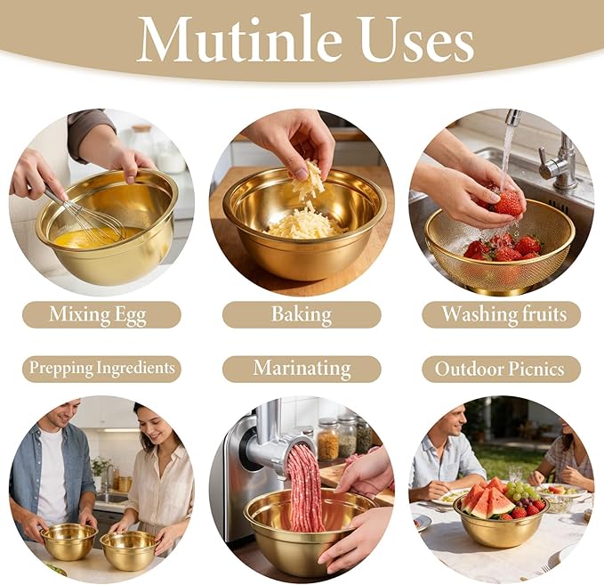 5 Pack Gold Mixing Bowls with Airtight Lids, Stainless Steel Mixing Bowl Set with Colander, Gold Nested Bowl, Metal Nesting Organizers, for Baking Prepping and Serving Food, Size 1.5, 2.0, 2.5, 4.0 Qt