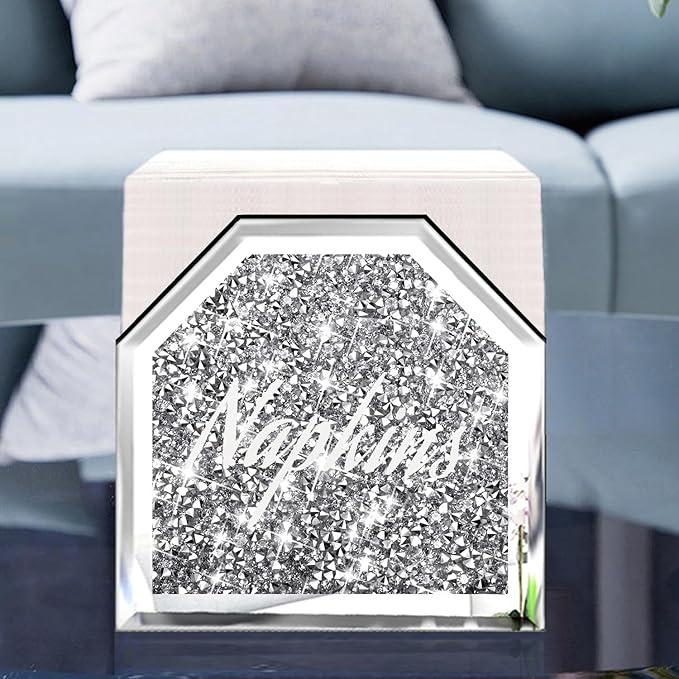 Wocred Mirror Napkin Holder,Crystal Crushed Diamond Vertical Holder,Cute Tissue Holder Holds Napkins Upright for Bathroom，Dining Table，Kitchen Table.(5.9”X5.9”X3”)