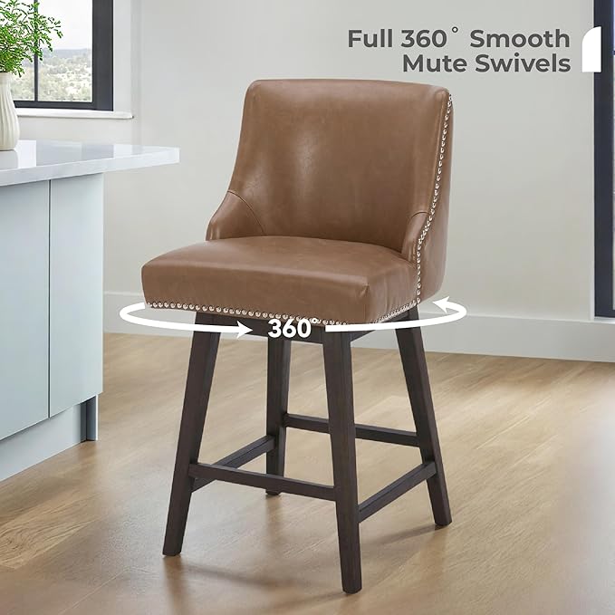 CHITA Counter Height Swivel Bar Stools Set of 4, FSC Certified Upholstered Counter Stools, Modern Swivel Barstools with Wood Legs for Kitchen Island, 26" Seat Height, Faux Leather in Saddle Brown