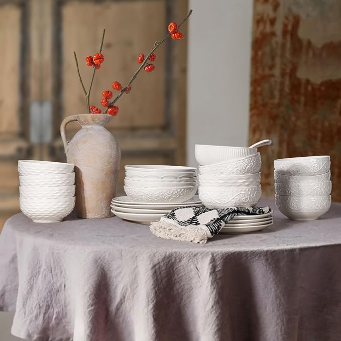 Artena Ceramic Cereal Bowls 26 oz, Embossment Soup Bowls Set of 4, White Salad Bowl for Kitchen, Dinner, Breakfast, Oatmeal, Rice, Pasta, Dishwasher Microwave Safe, 6 inch, Seawave
