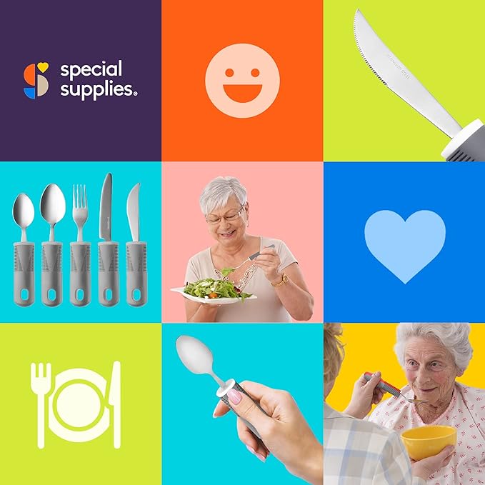 Special Supplies Adaptive Utensils (5-Piece Kitchen Set) Wide, Non-Weighted, Non-Slip Handles for Hand Tremors, Arthritis, Parkinson’s or Elderly Use - Stainless Steel (Grey)