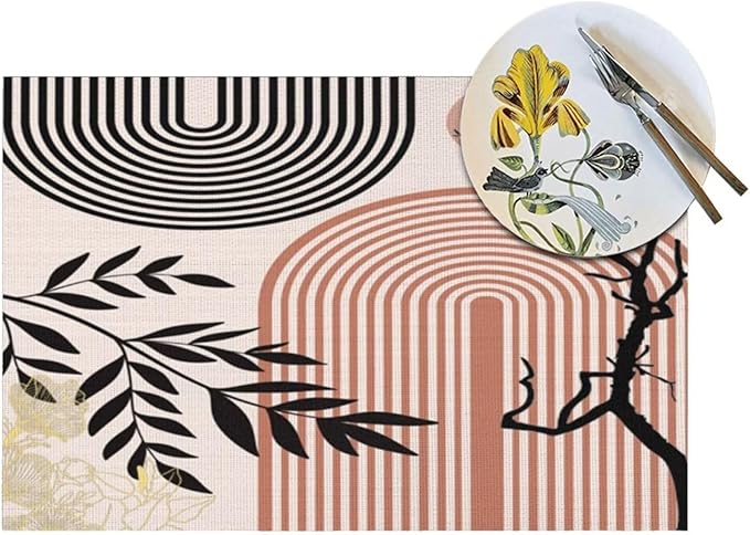 Abstract Mid Century Plant Placemats Boho Retro Tropical Palm Sun Arch Minimalist Modern Aesthetic Geometric Washable Place Mats 12x18Inch for Dining Kitchen Farmhouse Decor 6 PCS