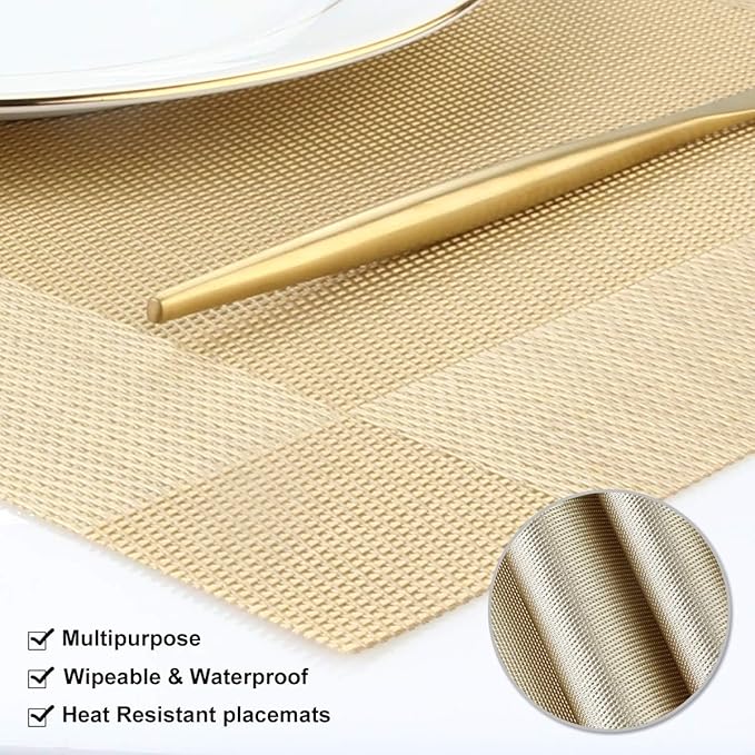 DACHUI Placemats Set of 4, Stylish Woven Place Mats for Dining Table, Washable & Durable PVC Table Mats (Gold)