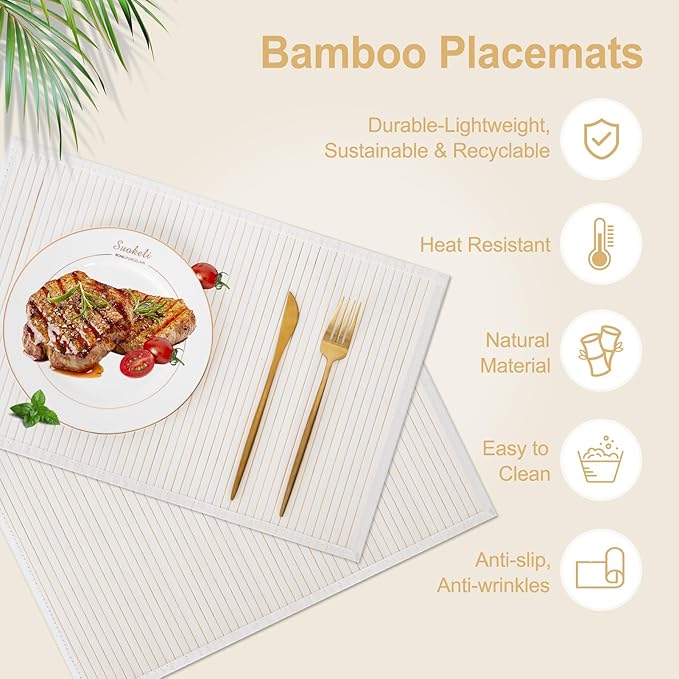 Bamboo Placemats with Fabric Border Set of 8 Natural Bamboo Rectangular Rolling Table Mats for Dining Kitchen Table Heat Resistant Table Protection White
