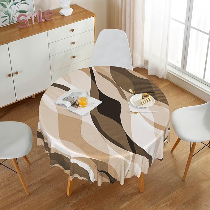Laeacco 24 Inch Brown Modern Round Tablecloth Striped Geometric Abstract Art Print Table Cloth Washable Waterproof Wrinkle Free Table Cover for Kitchen Dining Picnic Party Decoration