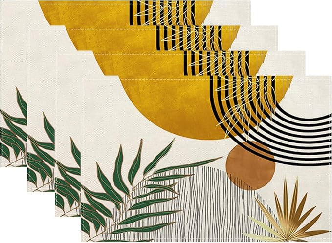 Mid Century Placemats 12x18 Inches Set of 4,Abstract Modern Boho Green Yellow Tropical Leaf Decorative Rectangle Table Mats for Party, Home Kitchen,Dining Table Decoration