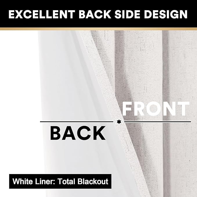 PrinceDeco 100% Blackout Curtains 120 Inches Long with Thermal Insulated White Liner Linen Textured Blackout Curtains for Bedroom, W52 x L120, 2 Panels,120 inch Length for Doorway, Office, Ivory