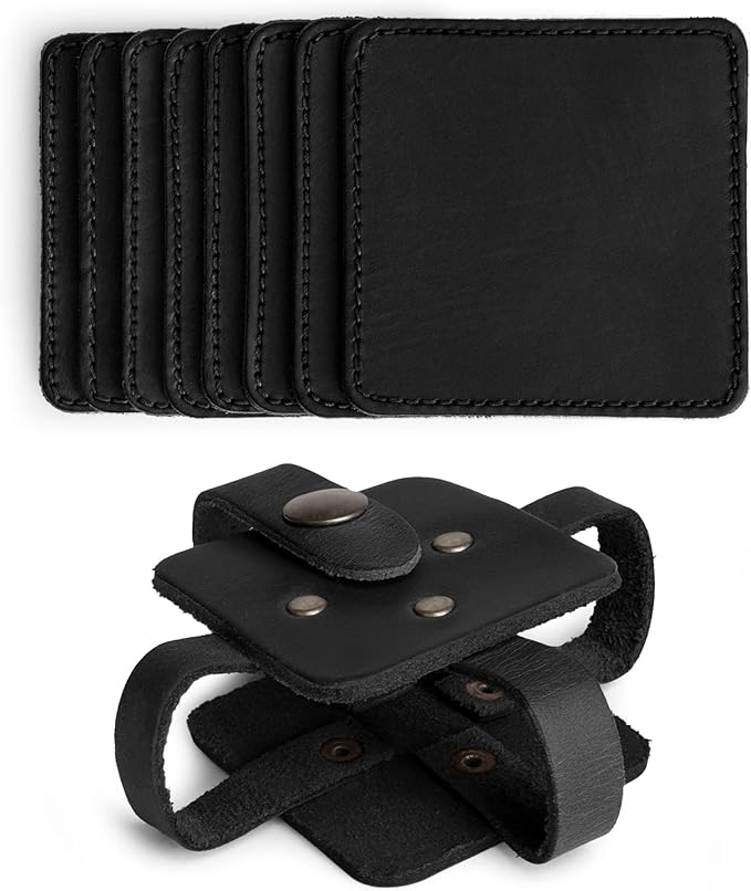 Hide & Drink Leather Coasters Set of 8, Premium Leather Table Protection for Drinks, Elegant Accessory for Home/Office, Protects Surfaces, Bourbon Table Coasters, Bar, Western (Charcoal Black)