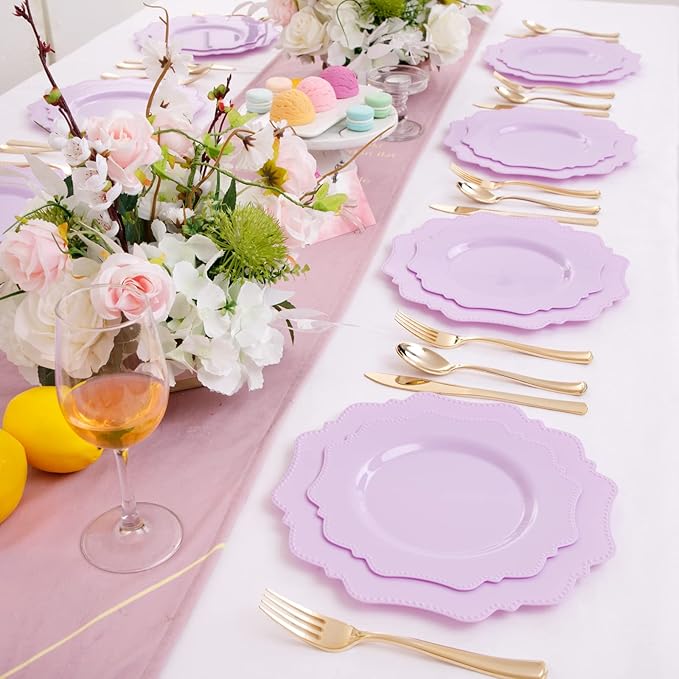 COLOSUS 60Pcs Lavender Purple Plastic Plates set,Heavy Duty Purple Disposable Plates include 30 Dinner plate 10.5” and 30 Salad/Dessert Plate 8.25” for Party and wedding
