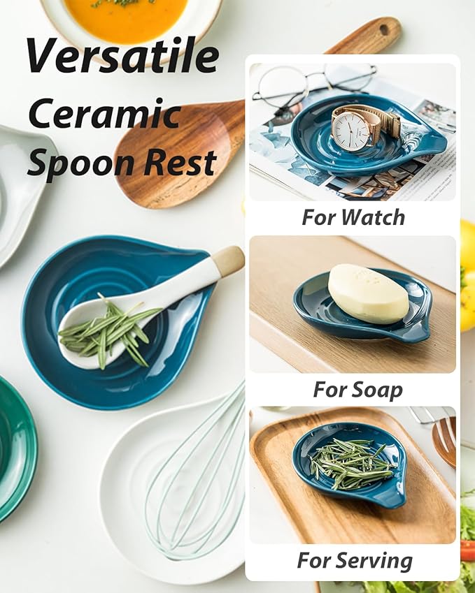 LAUCHUH Spoon Rest for Stove Top, Ceramic Spoon Holder for Kitchen Counter Large Spatula Holder for Spoons, Ladles, Tongs, Christmas Decor, Set of 2, 5 inch, Blue