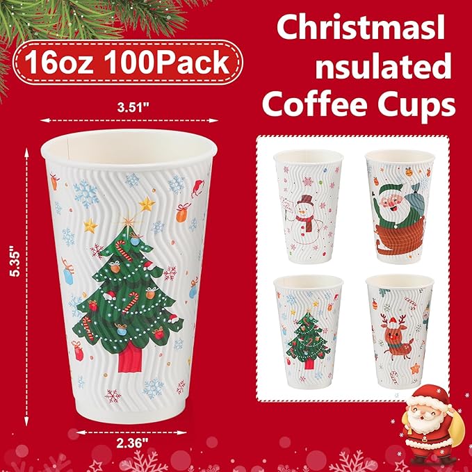 100 Count Christmas Paper Cups, Xmas 16 oz DisposableCoffee Cups Snowflake Santa Snowman Elk Christmas(16oz 100Count)