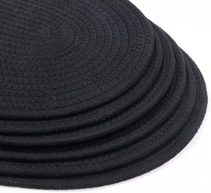 Braided Placemats Set of 4 Cotton Fabric Oval Table Mats Non Slip Washable 16 * 12 inch Oval Place Mats, 4 Pack Black Rope Woven Placemats
