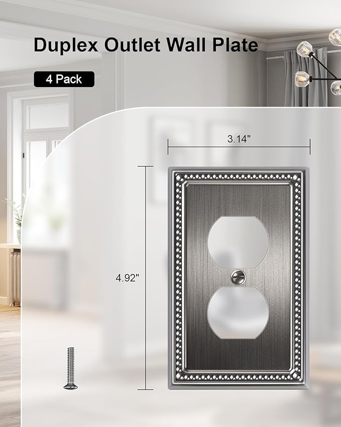 4-Pack Duplex Outlet Cover, Silver Metal Wall Plates for Electrical Outlets, 1 Gang Receptacle Light Switch Cover, Pearls Beaded Decorative Switch Plates and Outlet Covers