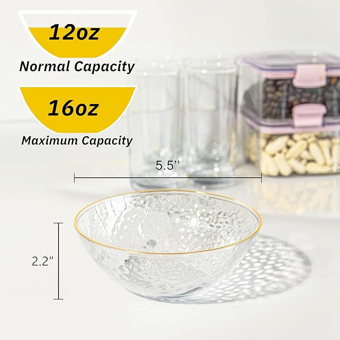 I00000 20 Pack 12 Ounce Clear Plastic Bowls Hammered Gold Rimmed, Heavy Duty Disposable Bowl Set,Elegant Ice Cream Bowls For Birthday, Wedding & Party