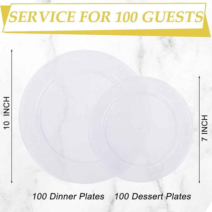 FLOWERCAT 200PCS Clear Plastic Plates Disposable Plates for Party - Heavy Duty Plastic Plates - 100 10" Dinner Plates and 100 7" Salad Plates for Weddings, New Year,Christmas Parties and Events
