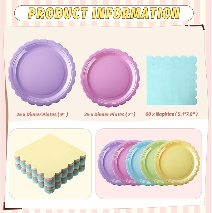 110 Pcs Pastel Party Supplies Plates and Napkins Tableware Set Serve 25 Guests Includes Scalloped 9" Paper Plates 7" Dessert Dinner Plate Colorful Napkins for Birthday Wedding Baby Shower