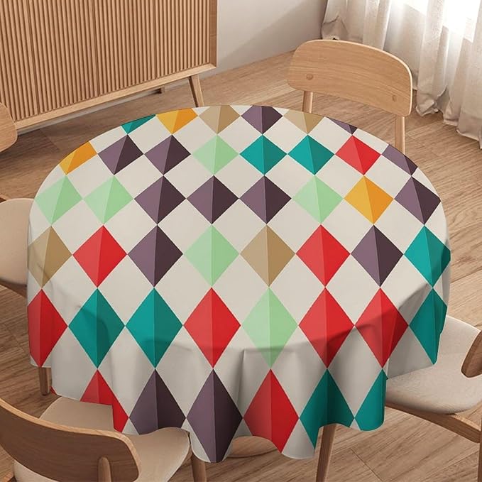 Abstract Geometric Round Tablecloth, Modern Mid Century Background Mid Century Colorful Print Pattern Tablecloth for Home Party Dining Room Kitchen Decor 36Inch(90cm)