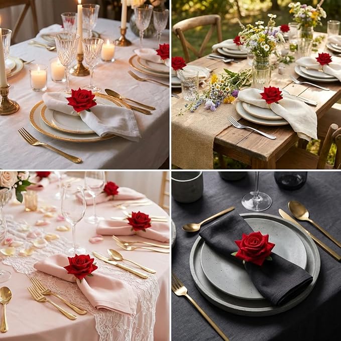 Honeydak 16 Set Valentine's Day Napkin Ring Rose Flower Metal Napkin Ring Designed with Rose Serviette Buckle for Valentine's Day Wedding Anniversary Party Dinner Table Decoration (Red)