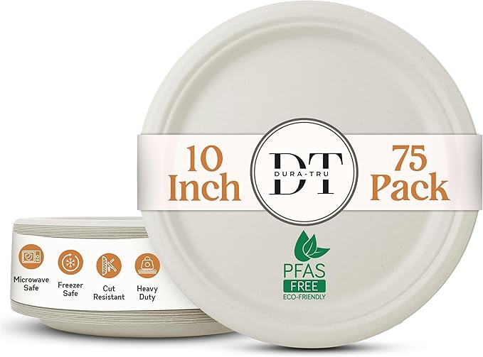 Heavy Duty Eco-Friendly PFAS-free Compostable Plates, 10 Inch Disposable Plates - Sugarcane Party Plates [Round, 75 Pack] | 100% Bagasse Biodegradable (White)