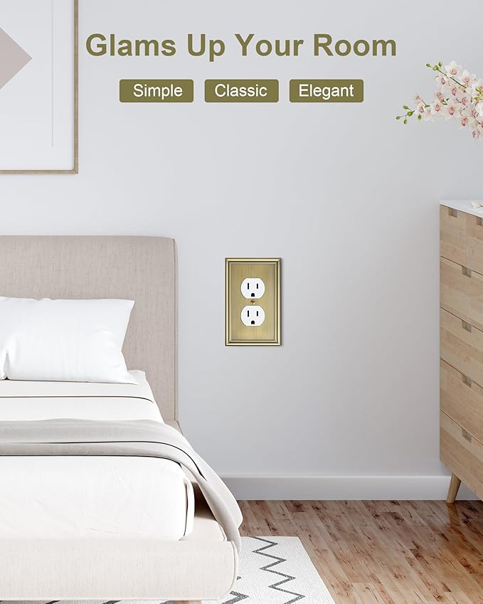 6-Pack Single Duplex Outlet Cover Plate, Decorative Antique Brass Switch Plates and Outlet Covers, Metal Wall Plates for Electrical Outlets, 1 Gang Receptacle Cover, Corrosion Resistant