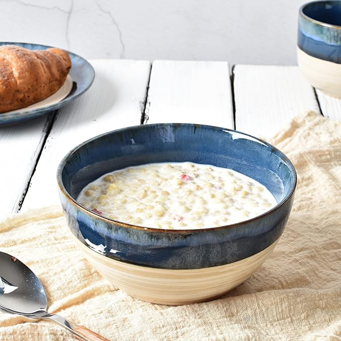 Bosmarlin Stoneware Soup Bowl Set of 4, 26 Oz, Cereal Bowl for Oatmeal, Dishwasher and Microwave Safe, Reactive Glaze (Deep blue, 6 in)