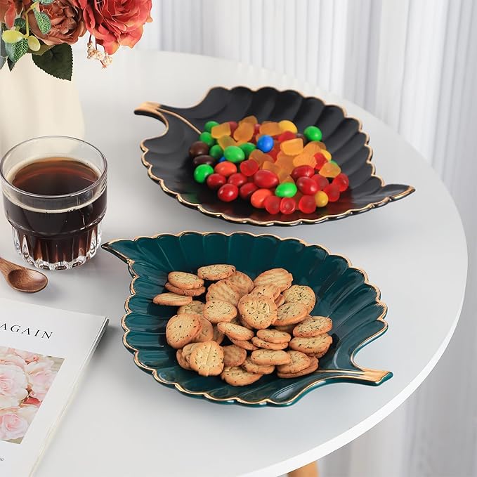 VanEnjoy Candy Dishes Decorative, Key Bowl for Entryway Table, Black Ceramic Bowl Decorative, Decorative Bowl for Keys, Leaf Jewelry Plate Tray