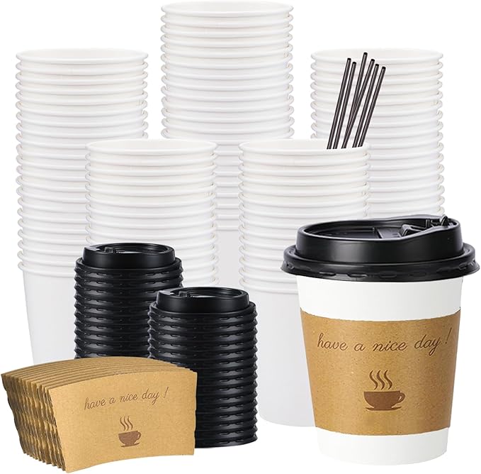 100 pack 10 oz Disposable Coffee Cups with Lids,To Go Coffee Cups for Home, Office, Cafes and Party (White 10oz)