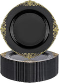 Nervure 100PCS Black and Gold Plastic Plates - 10.25Inch Black Disposable Plates - Black Plastic Dinner Plates for Wedding & Party & New Year