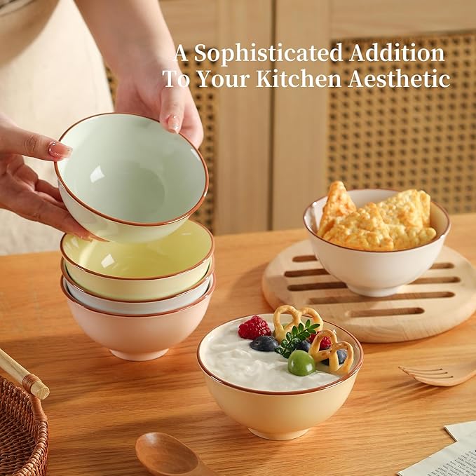 Ceramic Dessert Bowl Set of 6 - Small Porcelain Bowls for Rice, Snack, Ice Cream - Microwave and Dishwasher Safe - Assorted Candy Hue - 4.7 Inch - 10 OZ