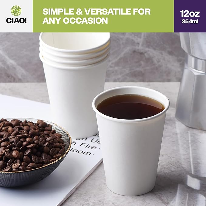 CIAO! 12oz White Paper Hot Cup, Disposable, 80mm Diameter 500 Count